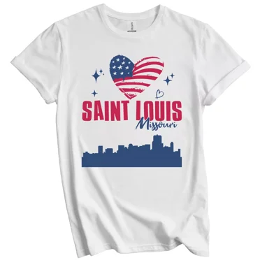 Gildan Saint Louis Missouri Skyline American Flag Heart 4Th Of July T-Shirt Gift For Men Women Unisex Tee