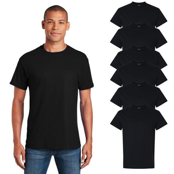 Gildan Short Sleeve Black T-Shirt - Heavy Cotton, 6 Pack Men Crewneck Classic Shirt, XL