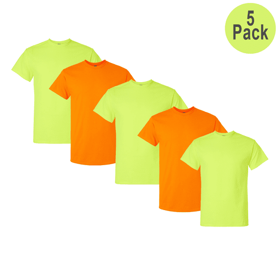 Gildan Short Sleeve High Visibility T-Shirt, Men's Cotton/Poly Safety Green/Orange Tee, 2XL, 5 Pack