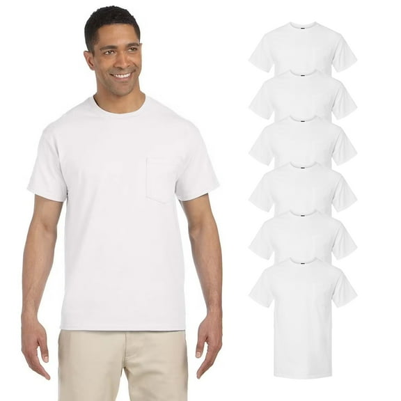 Gildan Short Sleeve Men Pocket T-Shirt, Ultra Cotton Crewneck 6 Pack White Color Tee, 100 Cotton, L