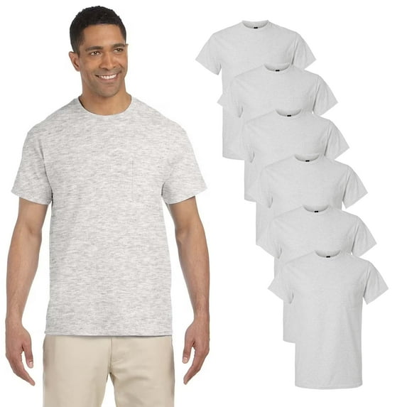 Gildan Ultra Cotton Short Sleeve Pocket T-Shirt, Classic Fit, Crew Neck Cotton Tee for Men, Ash, Pack of 6, S