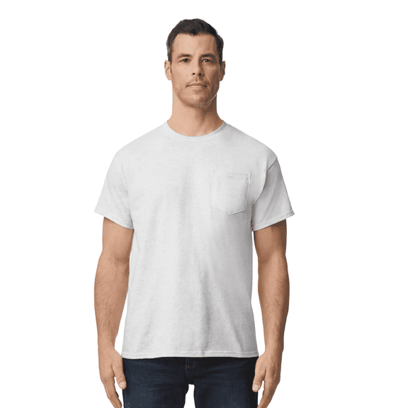 Gildan Short Sleeve Pocket T-Shirt - Dryblend, Men Crewneck Classic Fit Tee, Ash, M