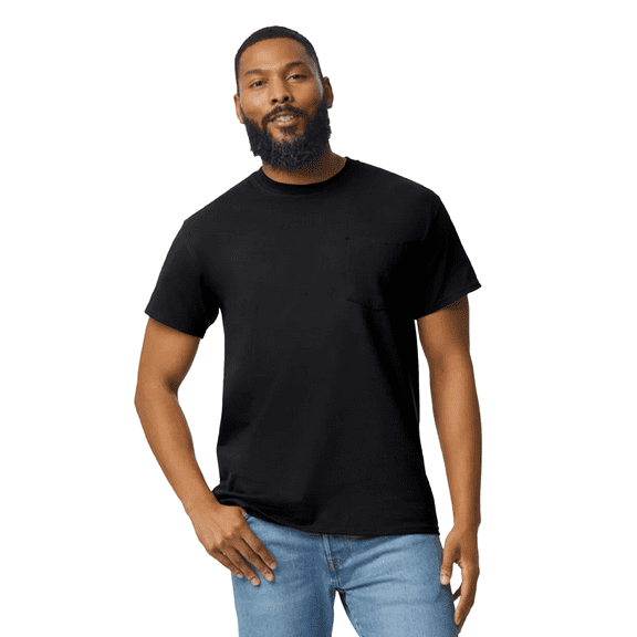 Gildan Short Sleeve Pocket T-Shirt - Dryblend, Men Crewneck Classic Fit Tee, Black, XL
