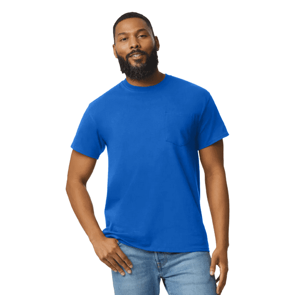 Gildan Short Sleeve Pocket T-Shirt - Dryblend, Men Crewneck Classic Fit Tee, Royal, 2XL