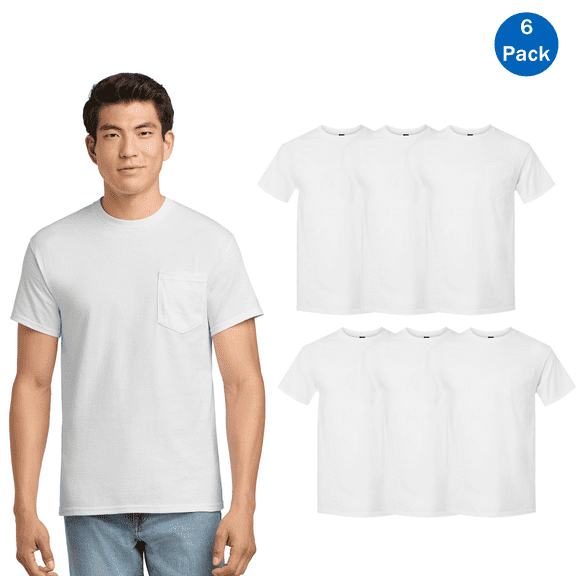 Gildan Short Sleeve Pocket T-Shirt - White, Size S-5XL Pack 6, Men Classic Tee, 100 cotton