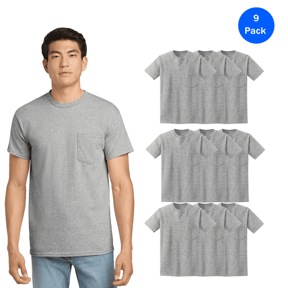 Gildan Short Sleeve Pocket T-Shirt for Adult, Sport Grey, Pack of 9, 4XL