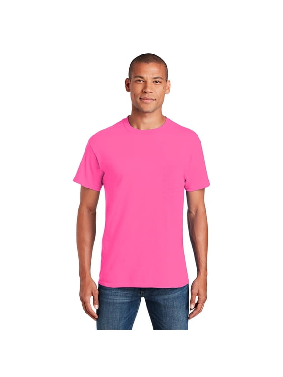 Short Sleeve T-Shirt for Men - 2XL Size | 50/50 Cotton/Poly Crew Neck Tee, Safety Pink, 5.3 oz
