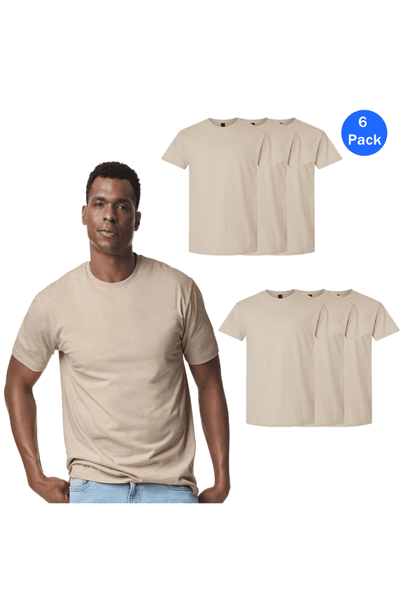 Short Sleeve T-Shirt for Men, Sand 100% Light Cotton Crew Neck Classic Tee, 6 Pack, L