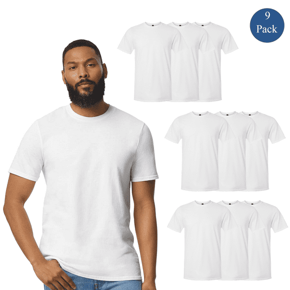 Gildan Short Sleeve Taped Neck T-Shirt, Lightweight White Classic Tee for Men, 100 Cotton, 9 Pack, L