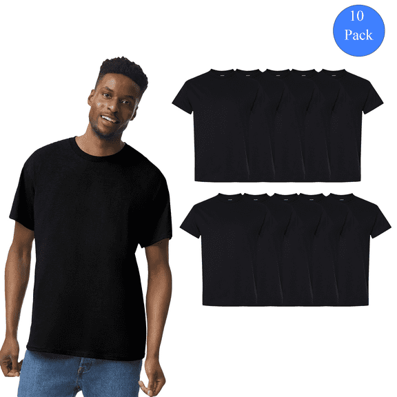 Gildan Short Sleeves T-Shirt for Men, Black Pure Heavy Cotton Casual Tee, 10 Pack, 2XL