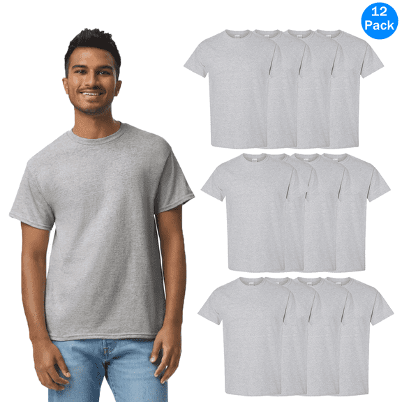 Gildan Short Sleeves T-Shirt for Men, Sports Gray Pure Heavy Cotton Casual Tee, 12 Pack, S