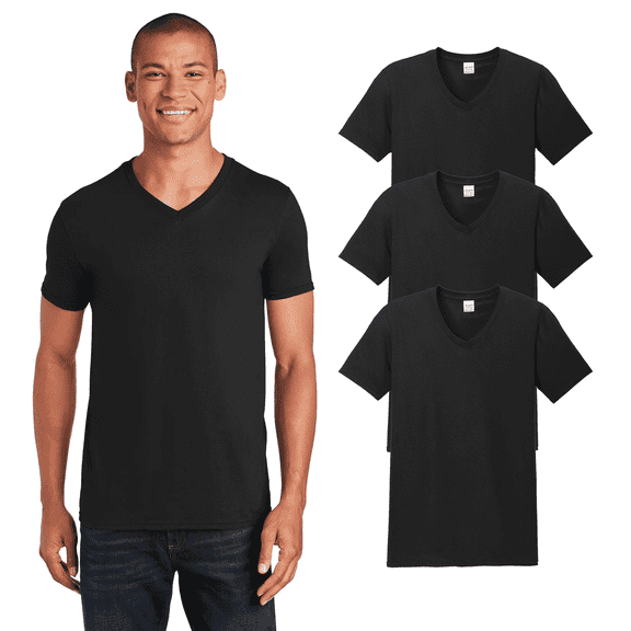 Gildan Soft style V-Neck T-Shirts for Men 3 Pack Black, Lightweight Comfort Tees, S-5XL