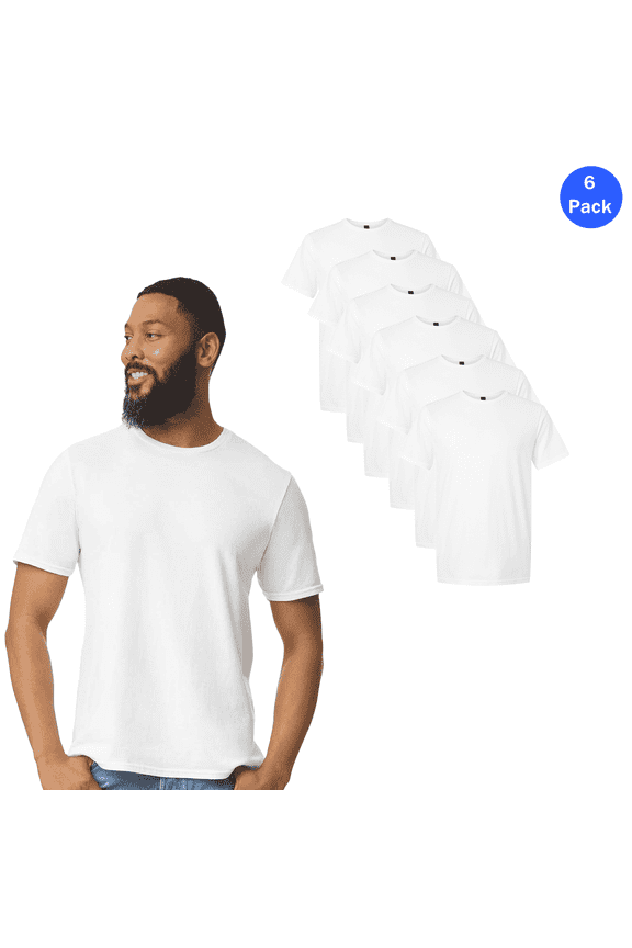 Softstyle Cotton T-Shirt, Men Short Sleeve Classic Fit, Crew Neck White Tee, 6 Pack, S