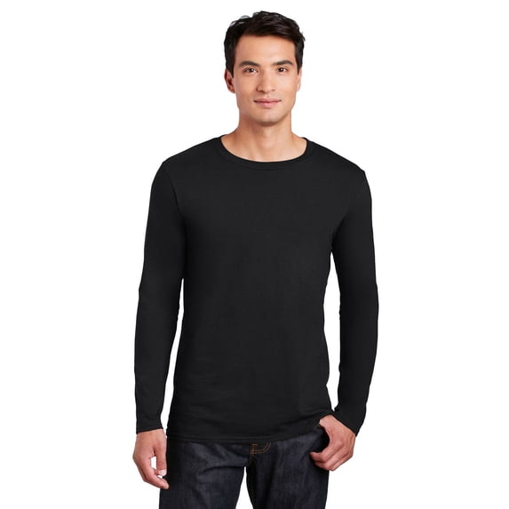 Gildan Softstyle Cotton with Long Sleeve T-Shirt, Crewneck Rib Collar Black Tee, S