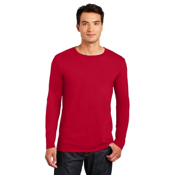 Gildan Softstyle Cotton with Long Sleeve T-Shirt, Crewneck Rib Collar Cherry Red Tee, 2XL