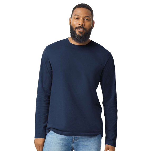 Gildan Softstyle Cotton with Long Sleeve T-Shirt, Crewneck Rib Collar Navy Tee, S