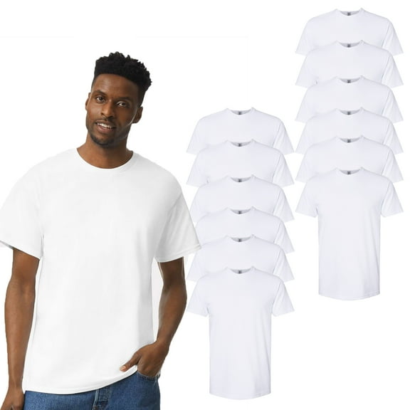 Gildan Softstyle Crewneck CVC T-Shirt, 60/40 Cotton/Poly, Men Short Sleeve 12 Pack White Tee, XL