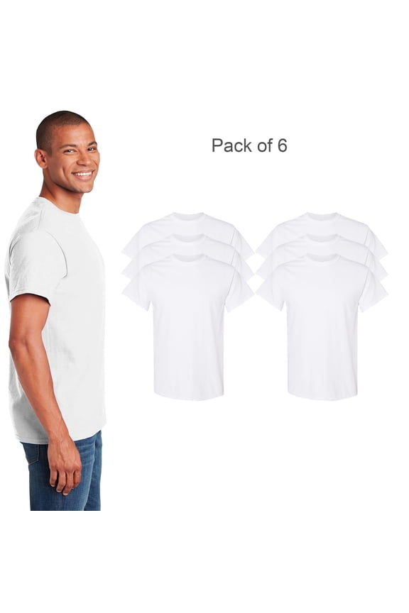 Softstyle Crewneck T-Shirt for Men, White Color Short Sleeve Rib Collar Tee, 6 Pack, S