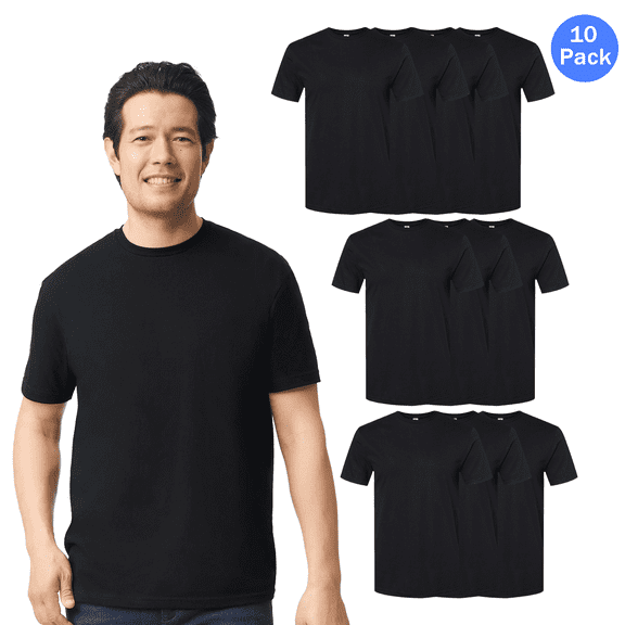 Gildan Softstyle Cvc T-Shirt for Men, Pure Heavy Cotton Rib Collar Pitch Black Tee, 10 Pack, S
