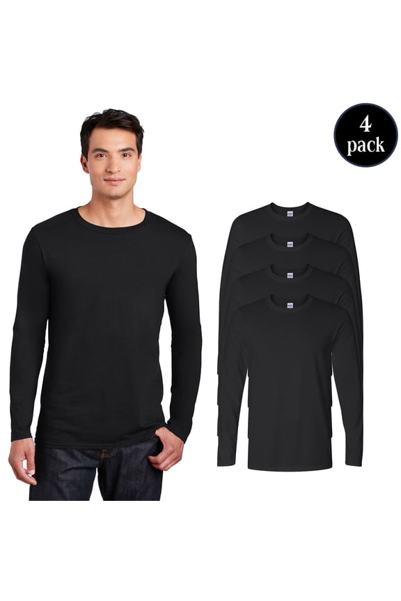 Softstyle Long Sleeve T-Shirt, Adult’s Narrow Width Rib Collar Black Tee, 4 Bulk Pack, 2XL
