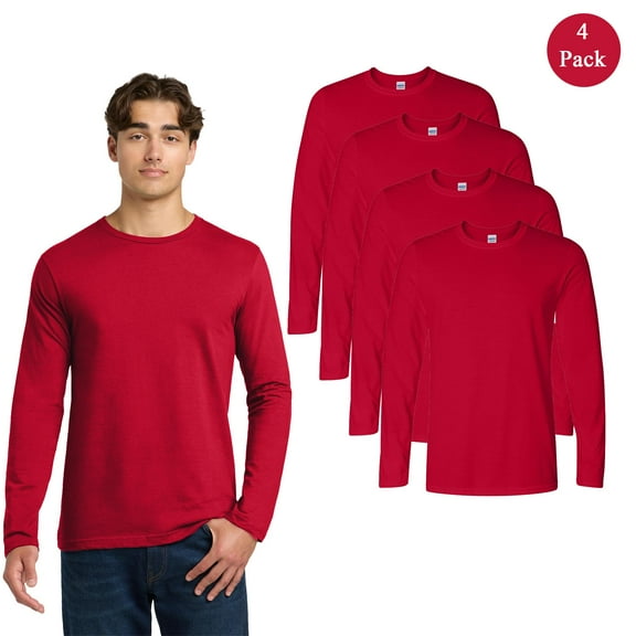 Gildan Softstyle Long Sleeve T-Shirt, Men's 100 Percent Cotton Crew Neck Cherry Red Tee, 4-Pack, XL
