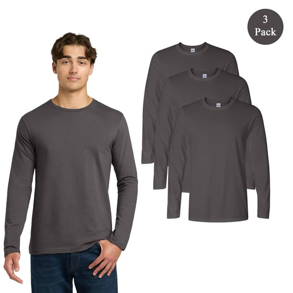 Gildan Softstyle Long Sleeve T-Shirt, Men's Crew Neck Charcoal Color Casual Blank Tee, 3-Pack, M