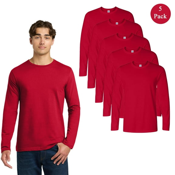 Gildan Softstyle Long Sleeve T-Shirt, Men's Crew Neck Cherry Red Blank Comfort Tee, 5-Pack, Size S