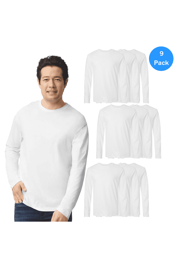 Softstyle Long Sleeve T-Shirt for Adult Men, 100 Cotton Narrow Width Tee, White Casual Shirt, Pack of 9, M