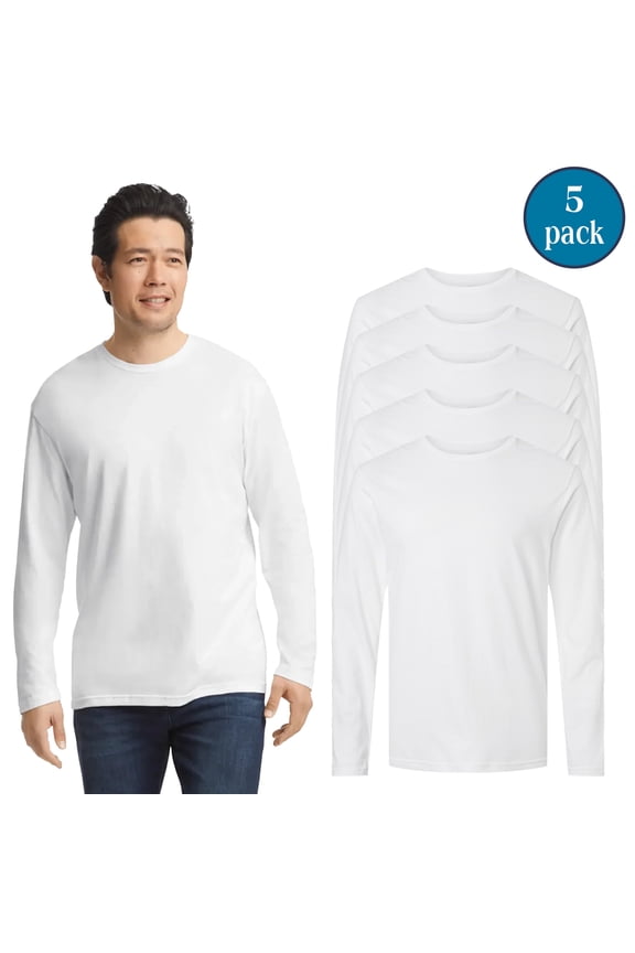 Softstyle Long Sleeve T-Shirt for Men, Rib Collar White Casual Tee, Pack of 5, Size M