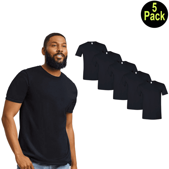 Gildan Softstyle Men’s Crew Neck T-Shirt, Short Sleeve Modern Fit Blank Tee, Black, 5XL, 5 Pack