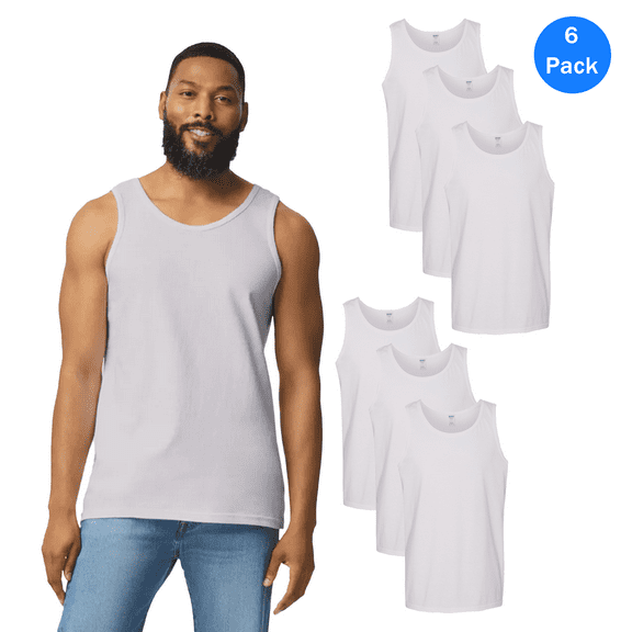 Gildan Softstyle Men’s Cvc Sleeveless 6 Pack Tank Top, Undershirt Racerback White Tee, M
