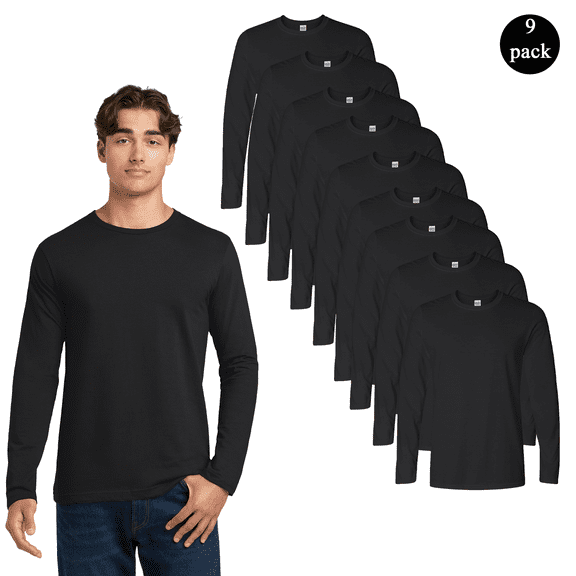 Gildan Softstyle Men's Long Sleeve T-Shirt, Comfortable Crew Neck Casual Tee, Black, 9-Pack, 3XL