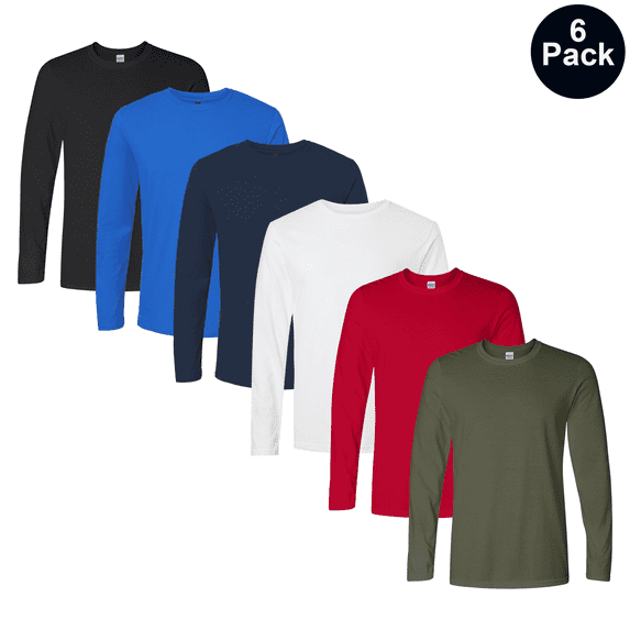 Gildan Softstyle Men's Long Sleeve T-Shirt, Crew Neck Classic Fit Tee, Assorted Color, 6-Pack, S