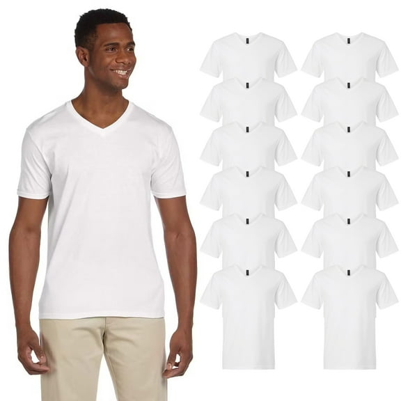 Gildan Softstyle Men's Short Sleeve T-Shirt - White 12 Pack, 100 Cotton, Classic Fit V-Neck Tee, L