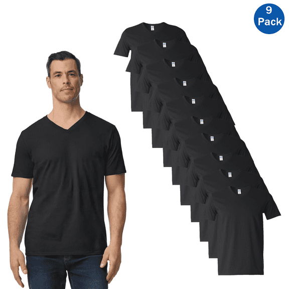Gildan Softstyle Men's V-Neck T-Shirt, Short Sleeve Tee, Black, Sizes 2XL, Pack 9, 100 Cotton