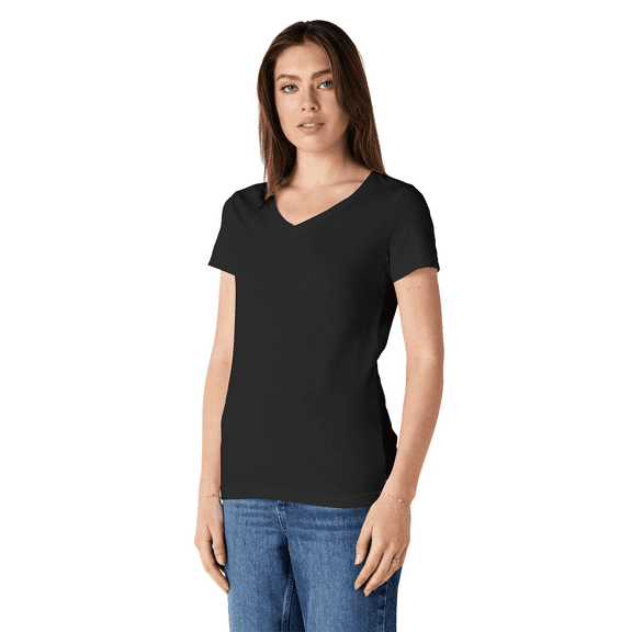 Gildan Softstyle Short Sleeve V-Neck T-Shirt, Women's Semi-Fitted Rib Collar Tee, Black, M