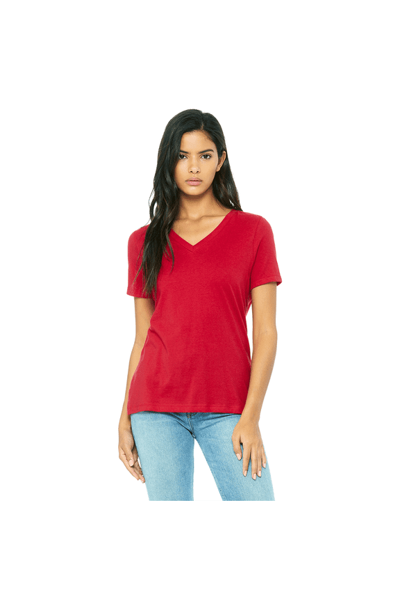 Softstyle Short Sleeve V-Neck T-Shirt, Women's Semi-Fitted Rib Collar Tee, Cherry Red, XL