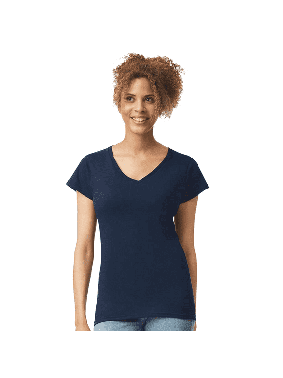 Softstyle Short Sleeve V-Neck T-Shirt, Women's Semi-Fitted Rib Collar Tee, Navy, L