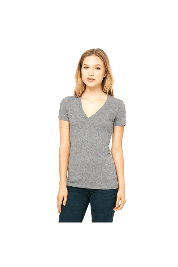 Softstyle Short Sleeve V-Neck T-Shirt, Women's Semi-Fitted Rib Collar Tee, Sport Grey, L