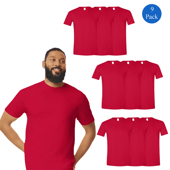 Gildan Softstyle T-Shirt for Men, Red Color, Short Sleeve, Summer Essentials Cotton Tee, 9 Pack, 3XL