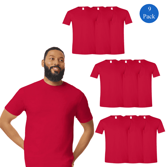 Gildan Softstyle T-Shirt for Men, Red Color, Short Sleeve, Summer Essentials Cotton Tee, 9 Pack, M