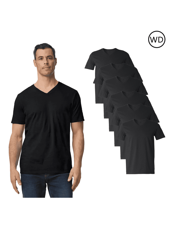 Softstyle V-Neck T-Shirt, Mens Classic Fit, Ring-Spun Cotton Tee, Soft & Durable, Black 6 Pack, S