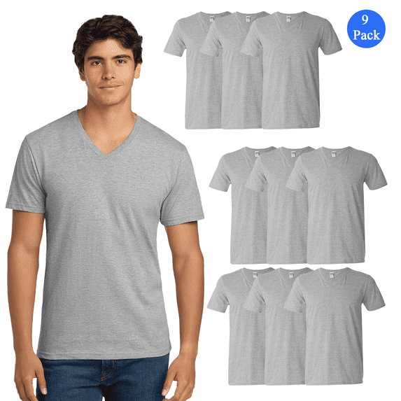 Gildan Softstyle V-Neck T-Shirt, Modern Classic Fit, Ring-Spun Cotton Tee, Soft & Durable, Sport Gray 9 Pack, L