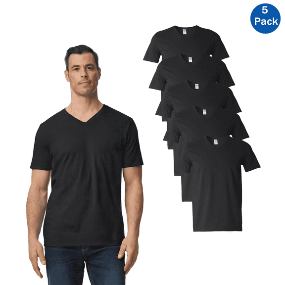Gildan Softstyle V-Neck T-Shirt for Men, Pure Heavy Cotton Casual Black Tee, 5 Pack, XL