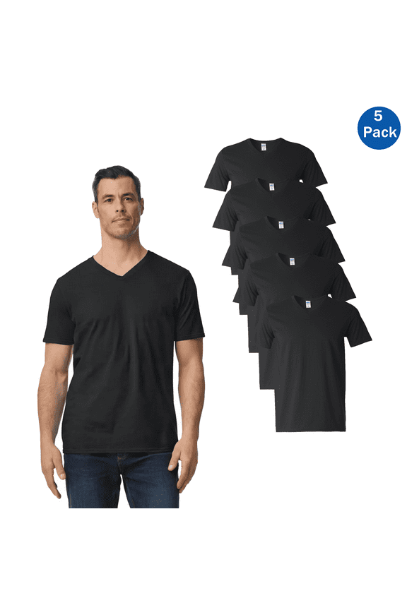Softstyle V-Neck T-Shirt for Men, Pure Heavy Cotton Casual Black Tee, 5 Pack, XL