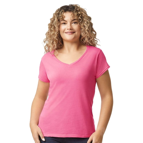 Gildan Softstyle Women’s V-Neck T-Shirt, V Neck Tee for Women's, Full Cotton, Azalea, L