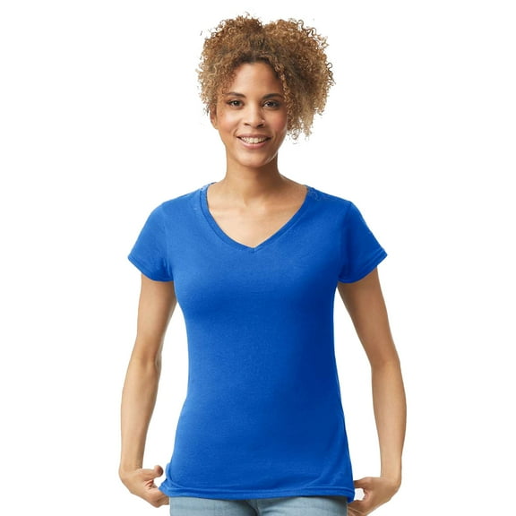 Gildan Softstyle Women’s V-Neck T-Shirt, V Neck Tee for Women's, Full Cotton, Royal, L