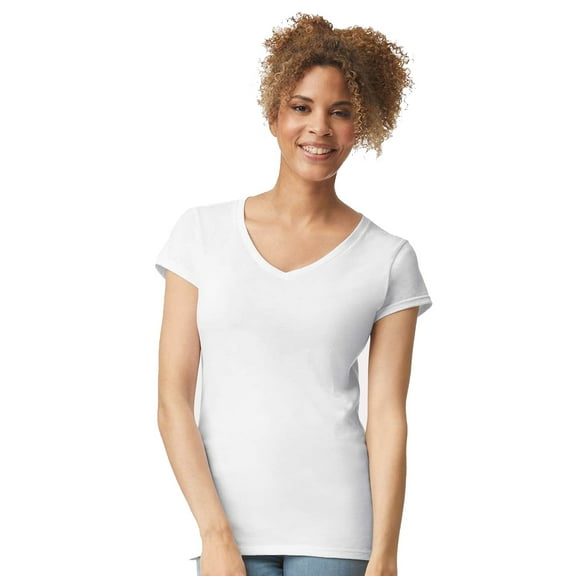 Gildan Softstyle Women’s V-Neck T-Shirt, V Neck Tee for Women's, Full Cotton, White, 2XL