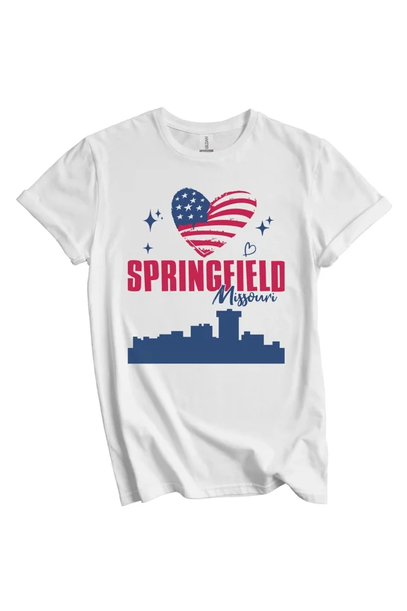 Springfield Missouri Skyline American Flag Heart 4th of July T-Shirt Gift for Men Women Unisex Tee