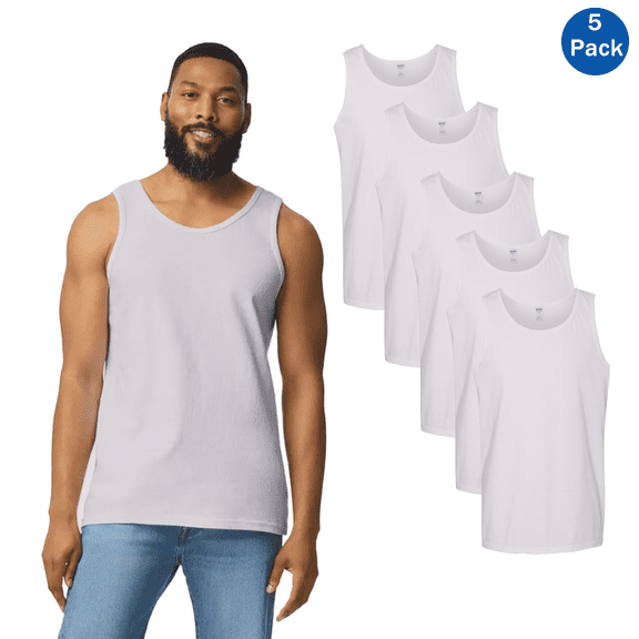 Gildan Tank Top for Men, Heavy Cotton Muscle Shirts Sleeveless White Workout Undershirt 5 Pack, M